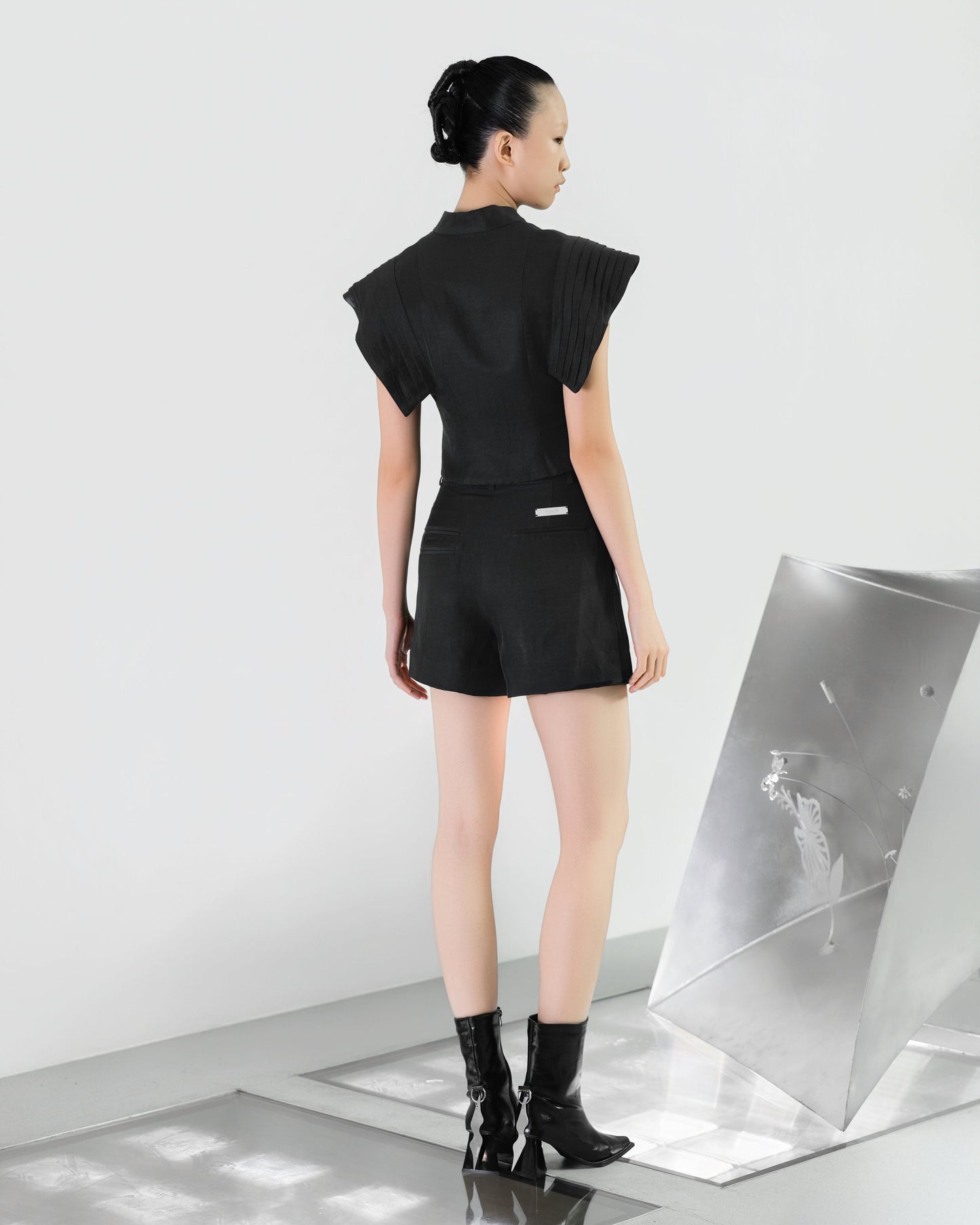 A-JANE LINNA Pleated Sleeves Crop Top - BLACK - BEV C multi label store