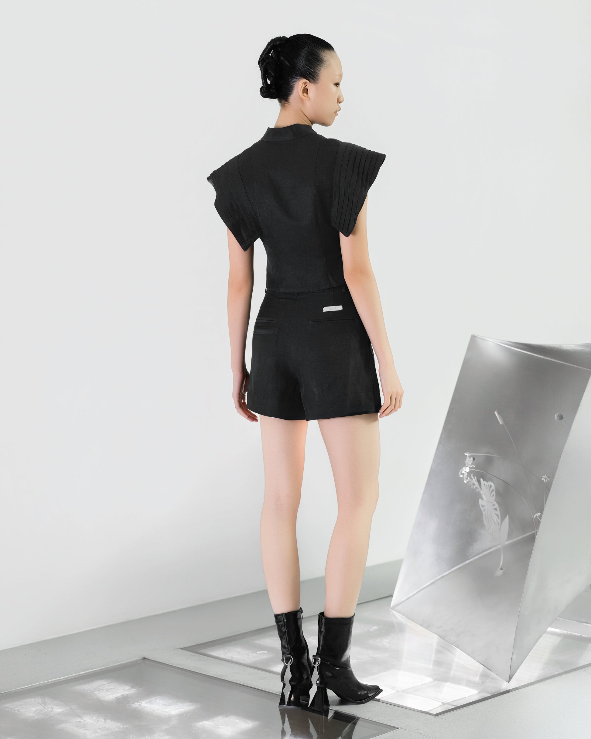 A-JANE LINNA Pleated Sleeves Crop Top - BLACK - BEV C multi label store