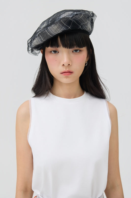 KAGE BERET - BLACK TARTAN DOUBLE GAUZE