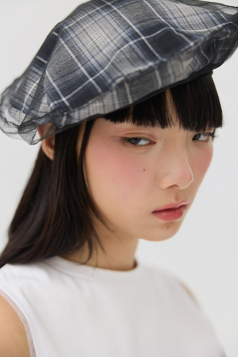 KAGE BERET - BLACK TARTAN DOUBLE GAUZE