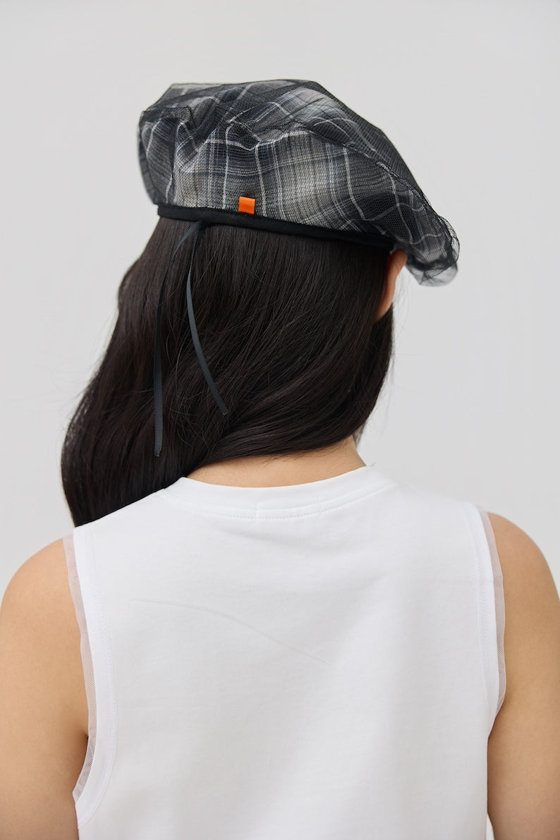 KAGE BERET - BLACK TARTAN DOUBLE GAUZE