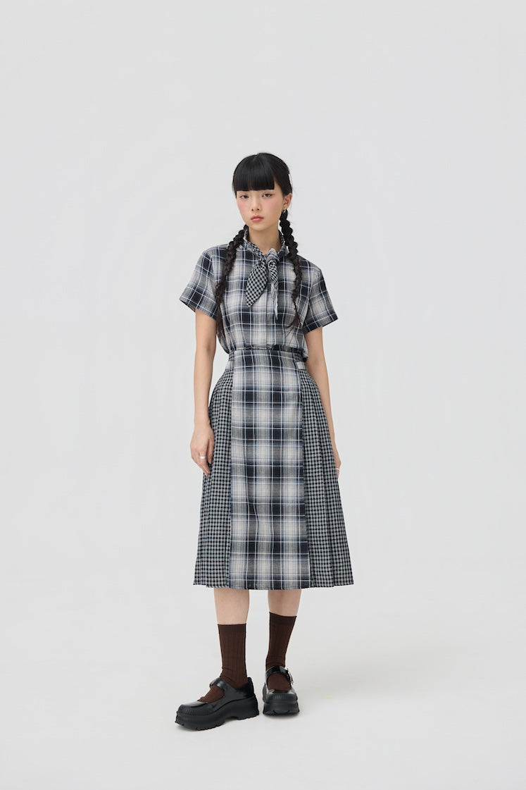 NIMAI 2-WAY SCARF TOP - BLACK TARTAN DOUBLE GAUZE