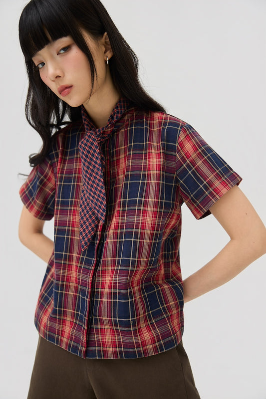 NIMAI 2-WAY SCARF TOP - RED TARTAN DOUBLE GAUZE