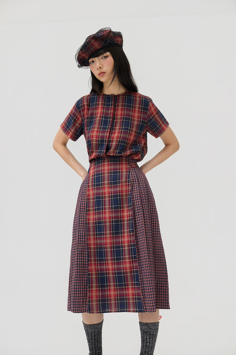 NIMAI 2-WAY SCARF TOP - RED TARTAN DOUBLE GAUZE