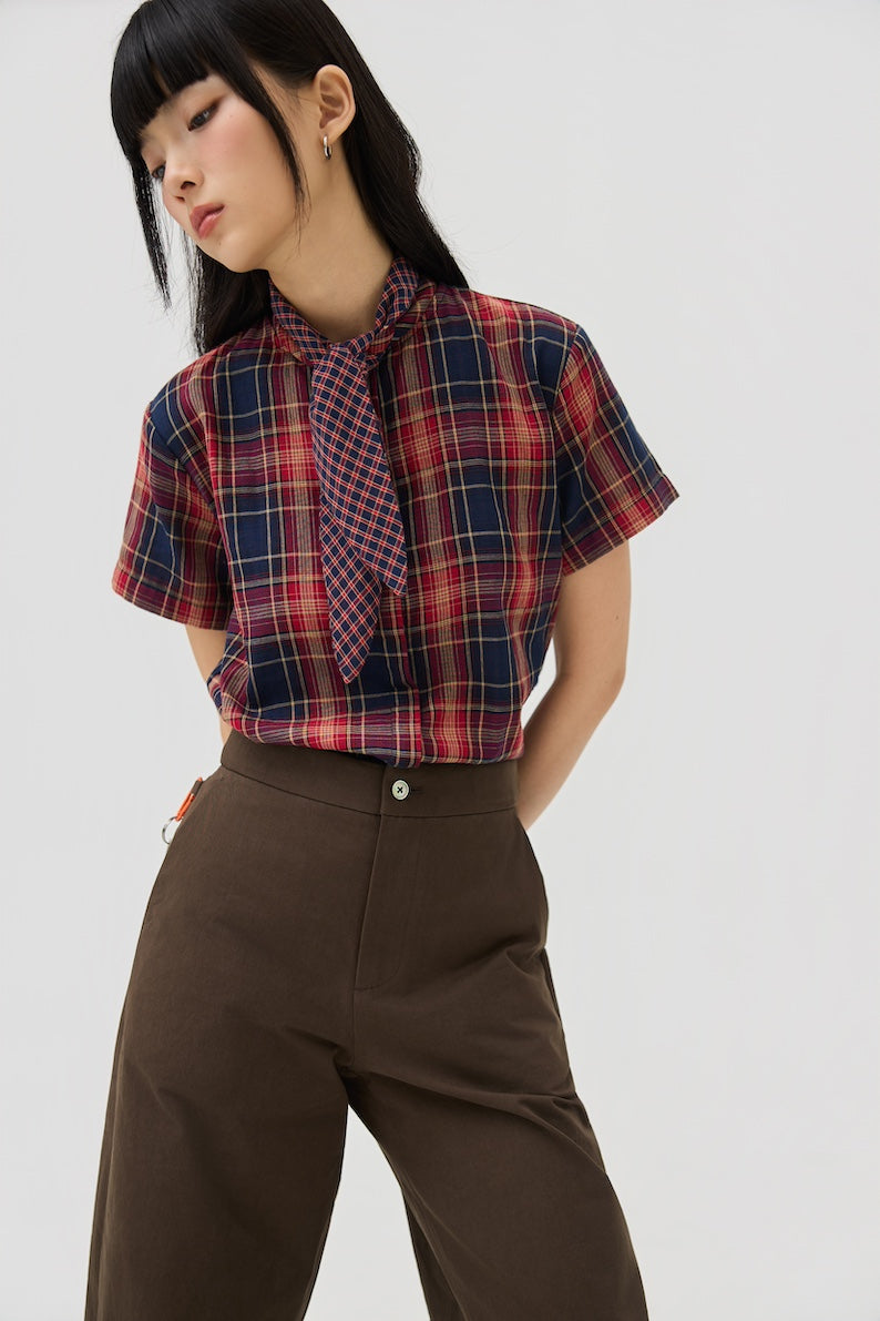 NIMAI 2-WAY SCARF TOP - RED TARTAN DOUBLE GAUZE