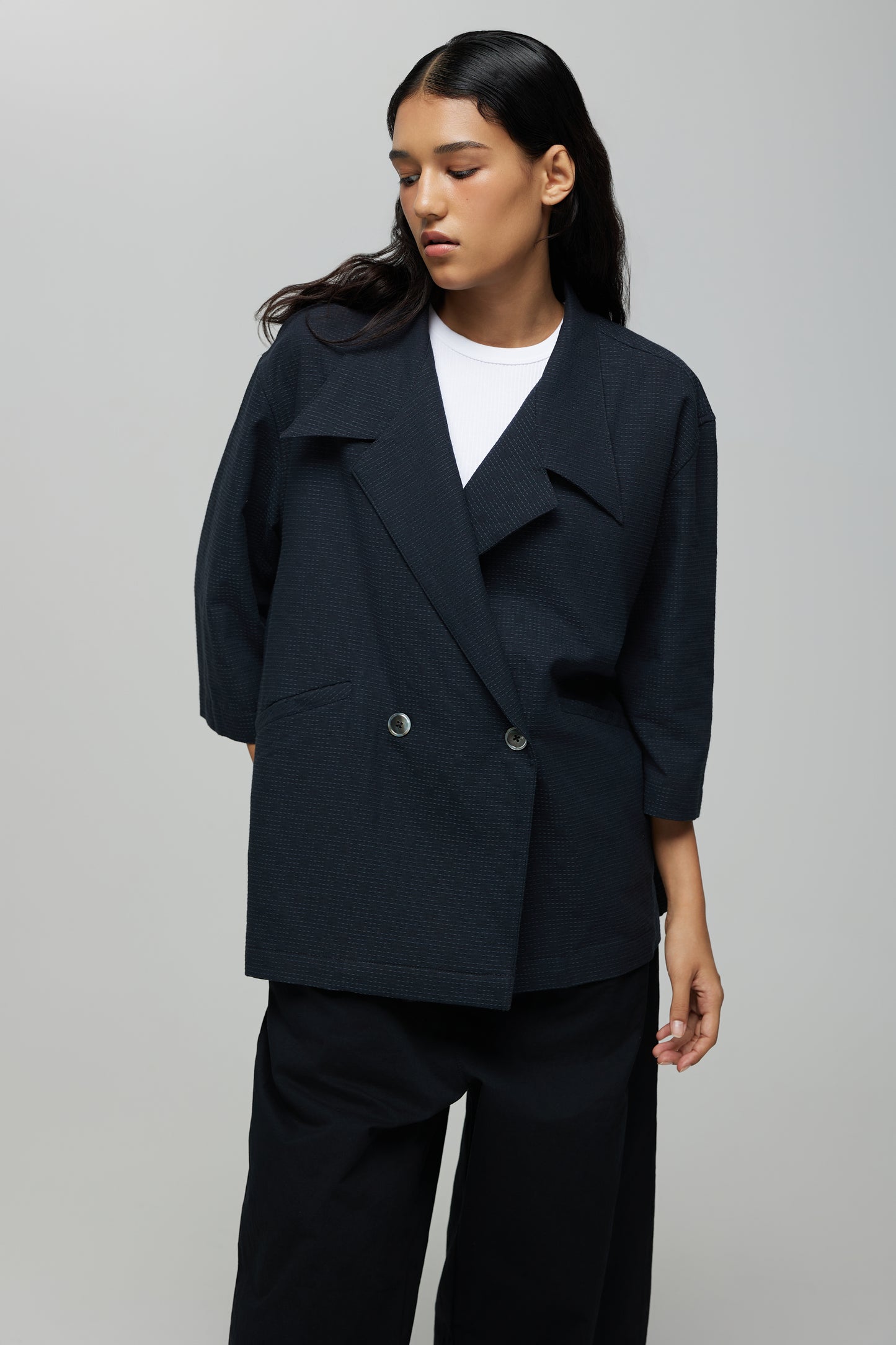 KIMONO TRENCH JACKET IN BLACK GRID SASHIKO