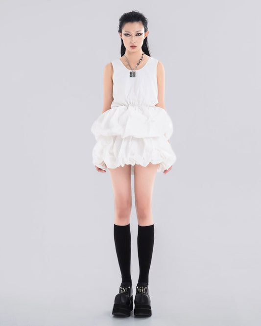 NOIZ N5SK1 ELASTIC-WAISTBAND MINI PUFF SKIRT IN WHITE