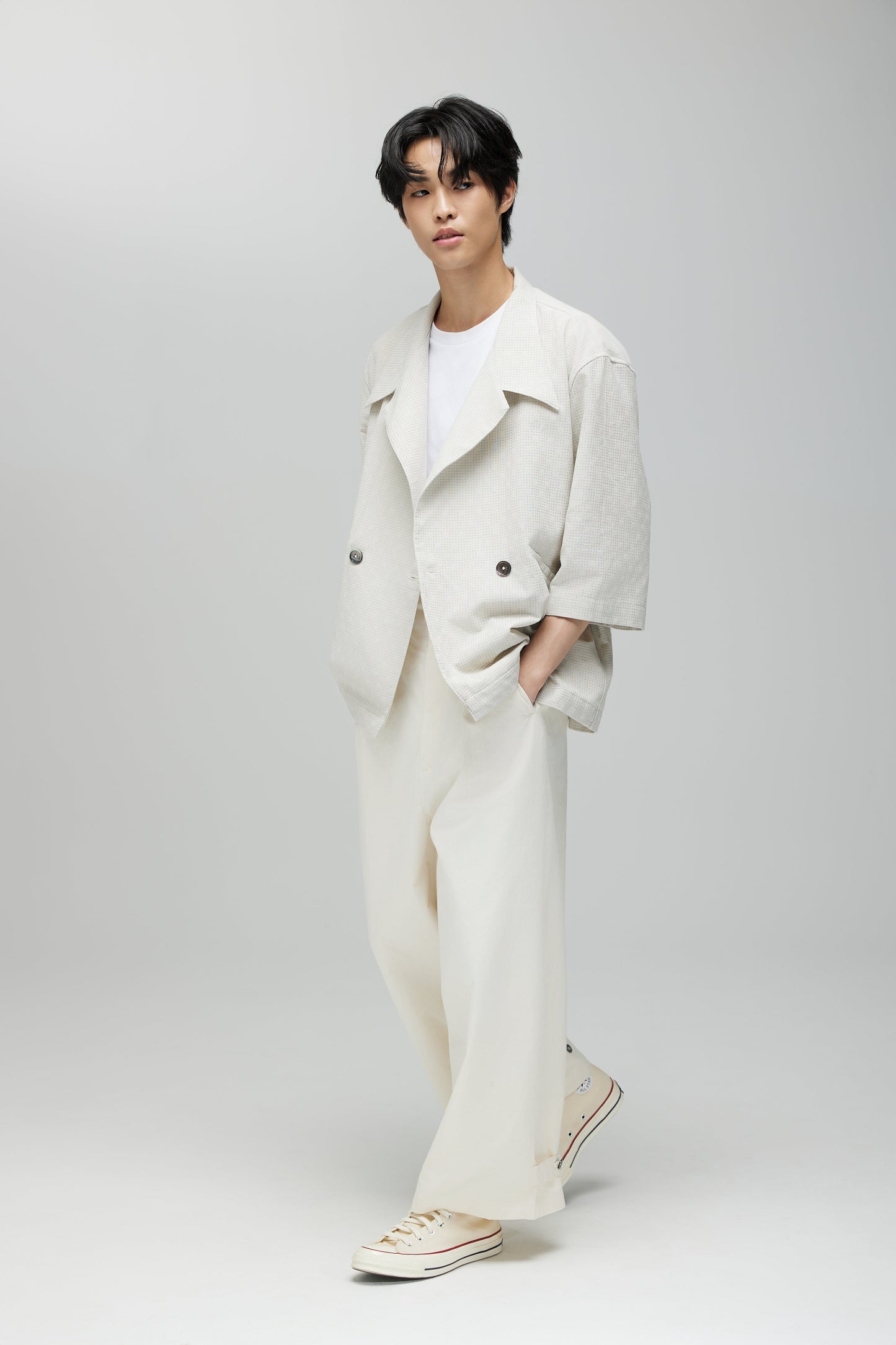 KIMONO TRENCH JACKET IN OATMEAL GRID SASHIKO (JAPAN)