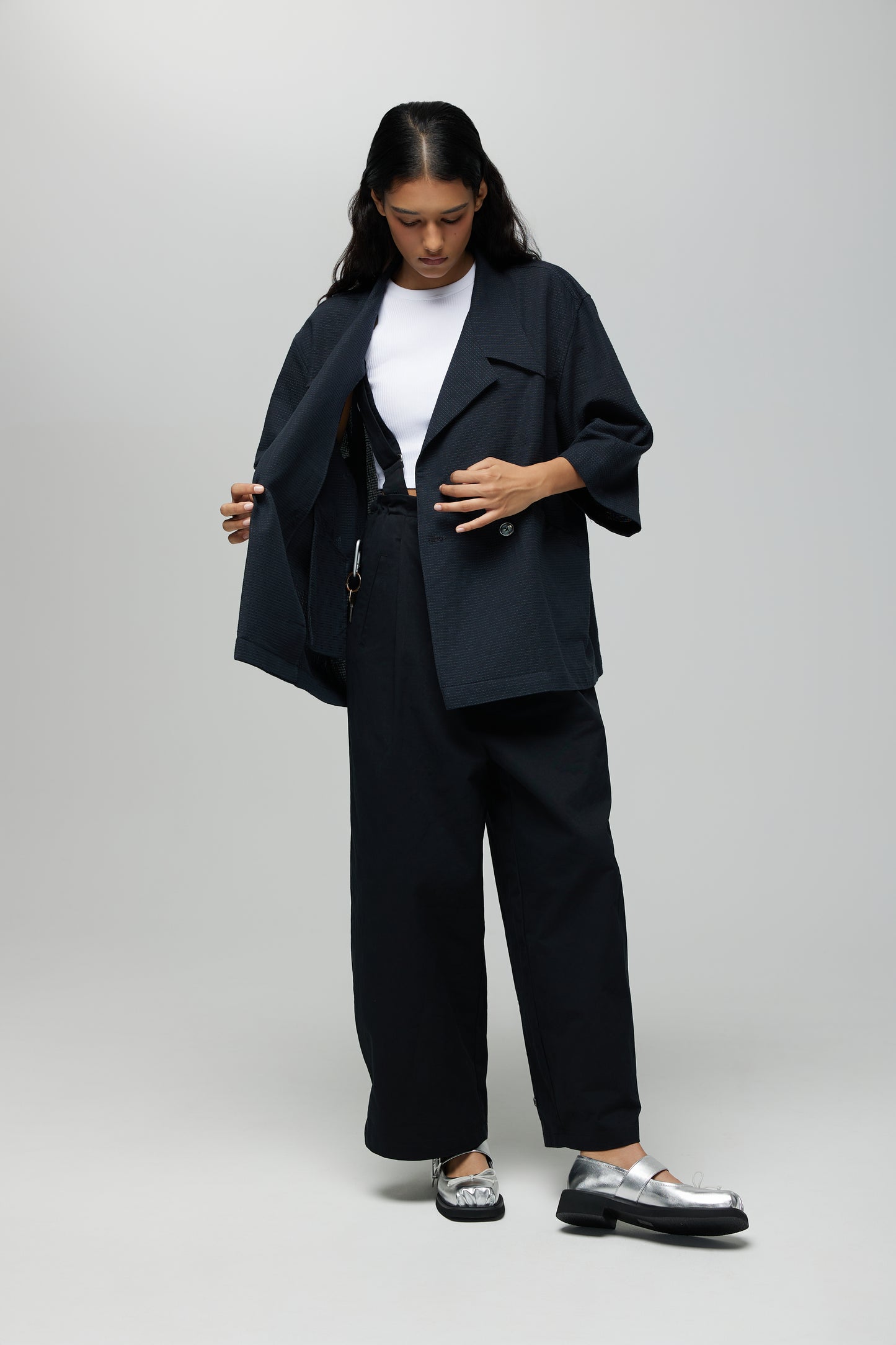 KIMONO TRENCH JACKET IN BLACK GRID SASHIKO