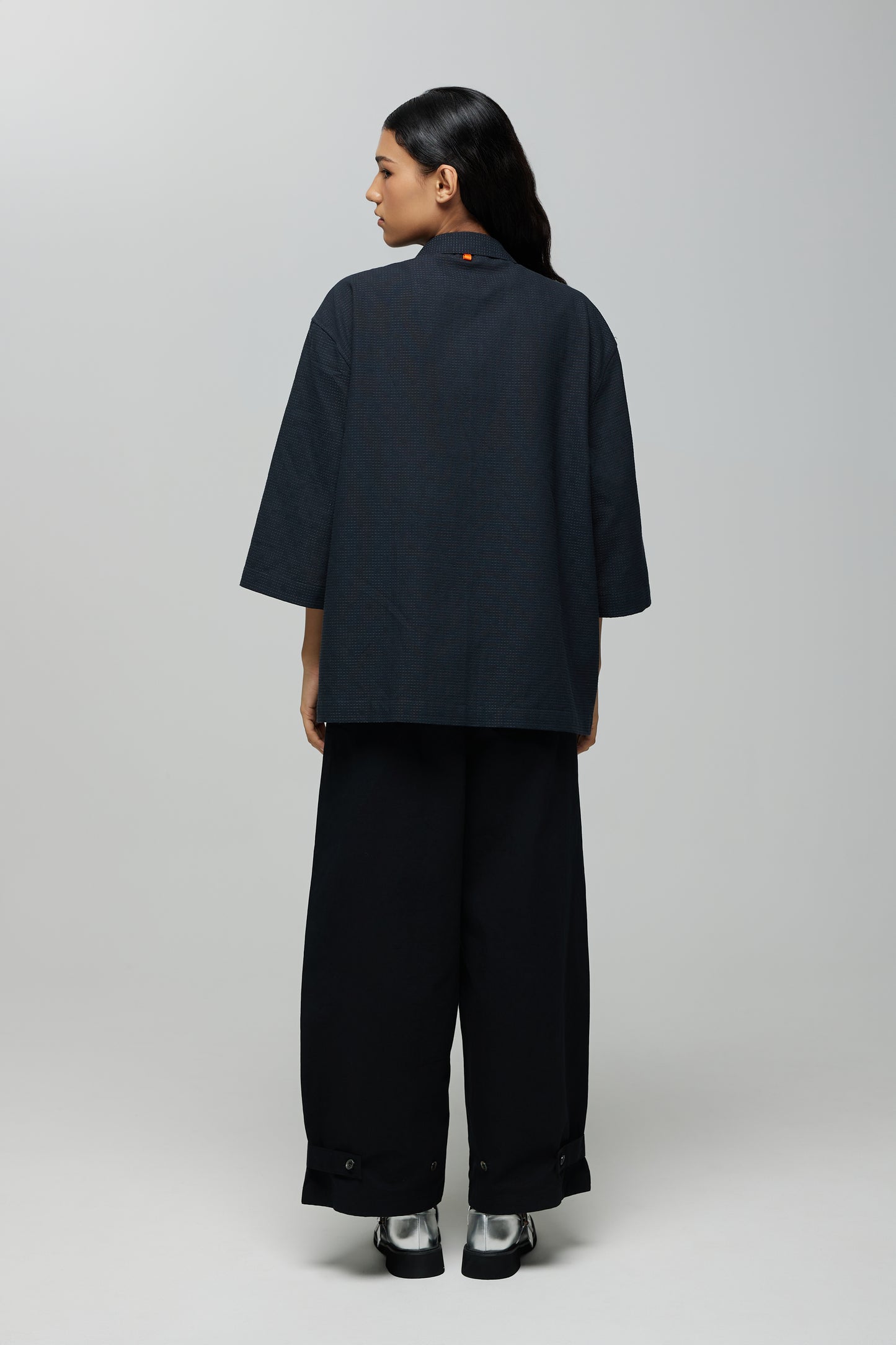 KIMONO TRENCH JACKET IN BLACK GRID SASHIKO