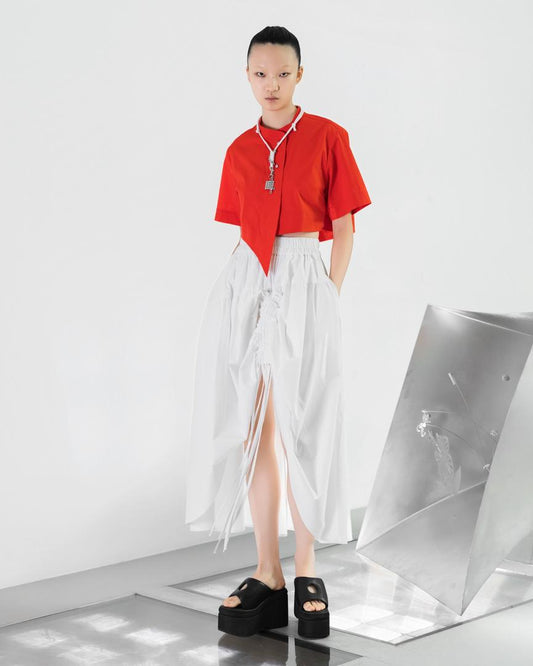 N8SK4 Layered Drawstring O-Strape Skirt - White