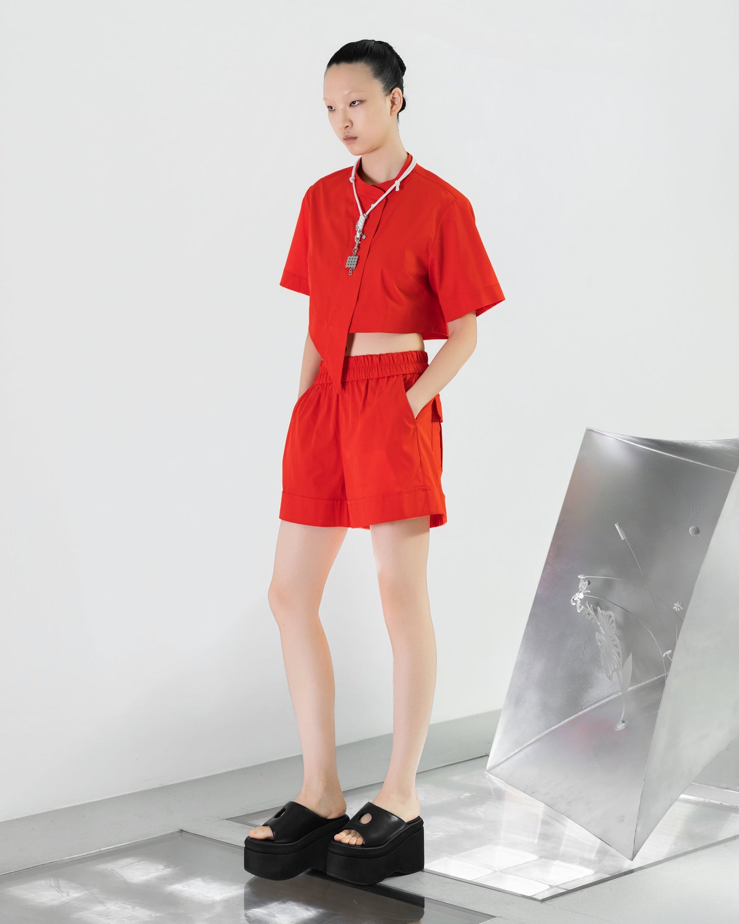 NOIZ N8TP1 Asymmetrical Diagonal-Cropped Stand-Collar Top