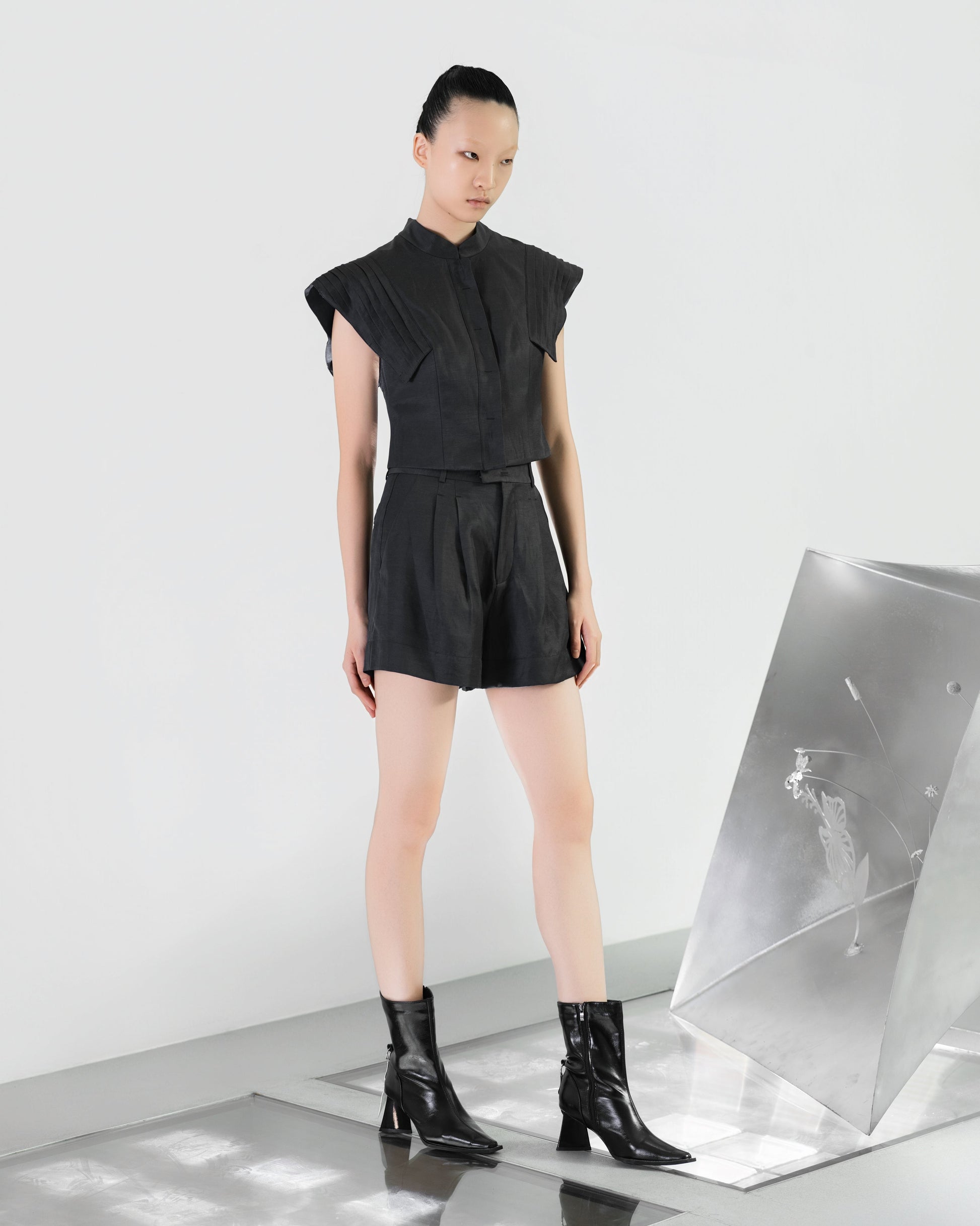 A-JANE LINNA Pleated Sleeves Crop Top - BLACK - BEV C multi label store