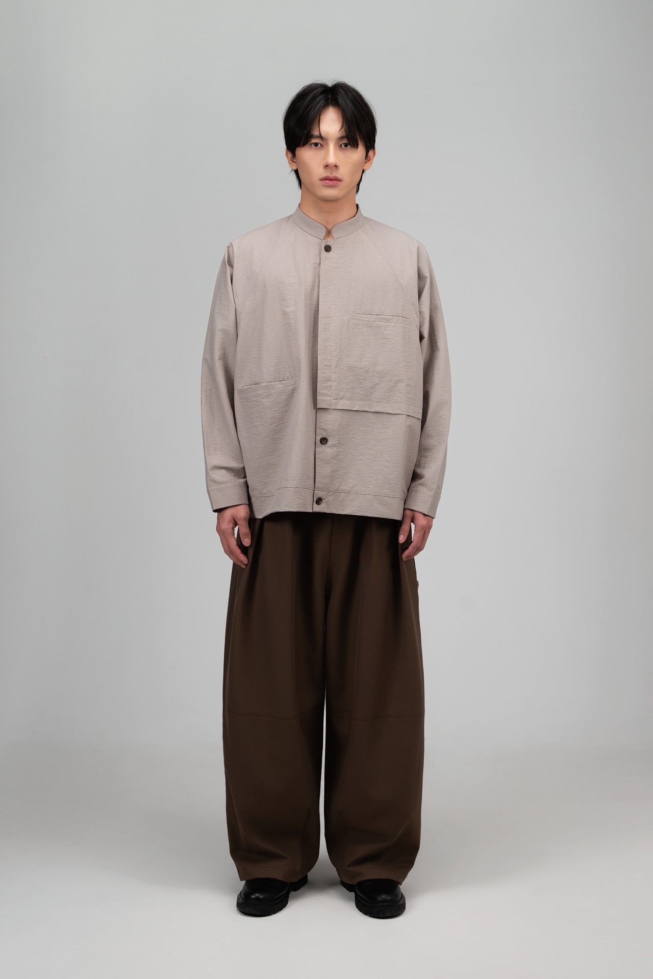 Gender Neutral Mandarin Collar Outer Blouse (Oat Grey) - BEV C multi label store