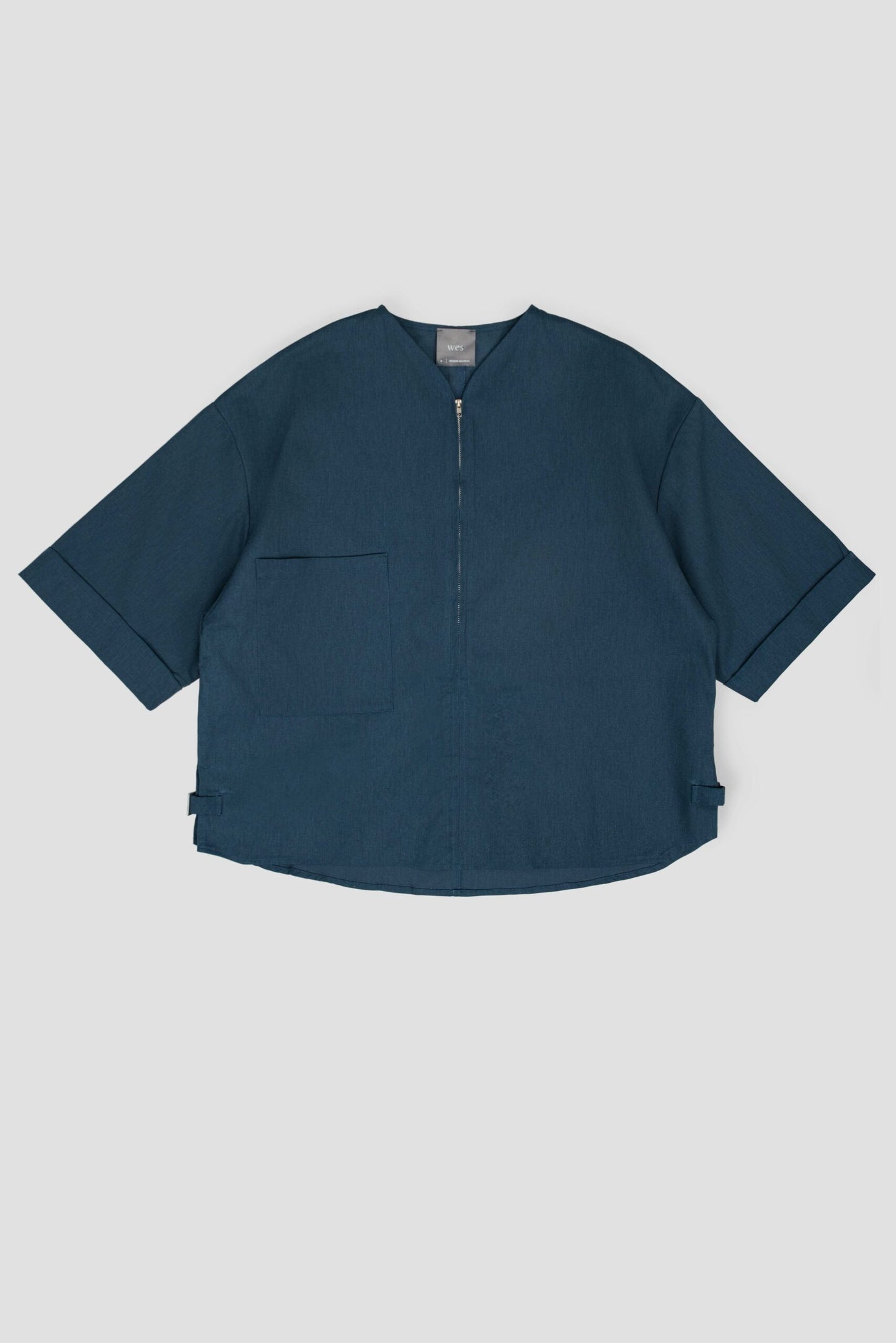 Gender Neutral Collarless Half-Zipper Shirt (Blue)