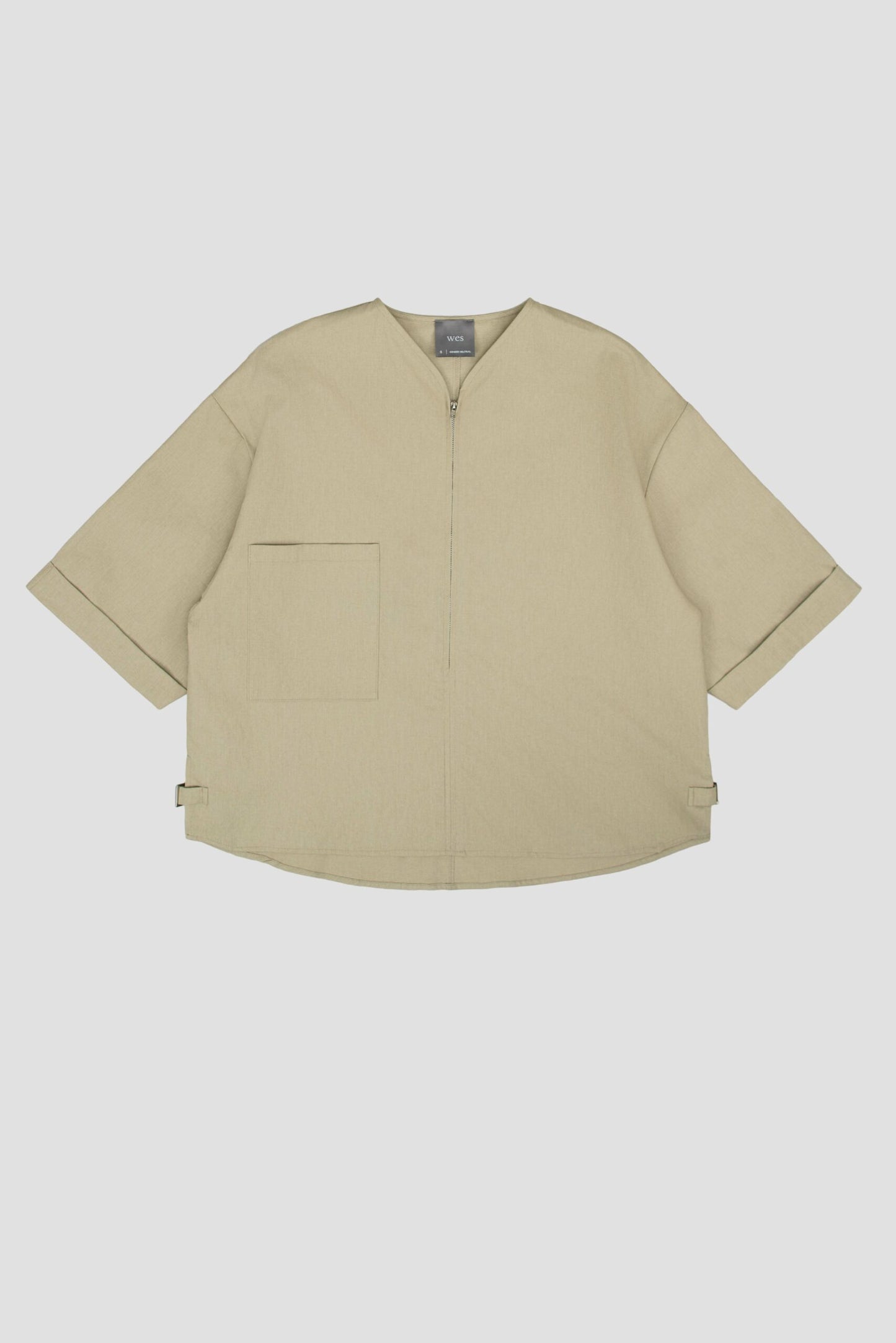 Gender Neutral Collarless Half-Zipper Shirt (Beige)