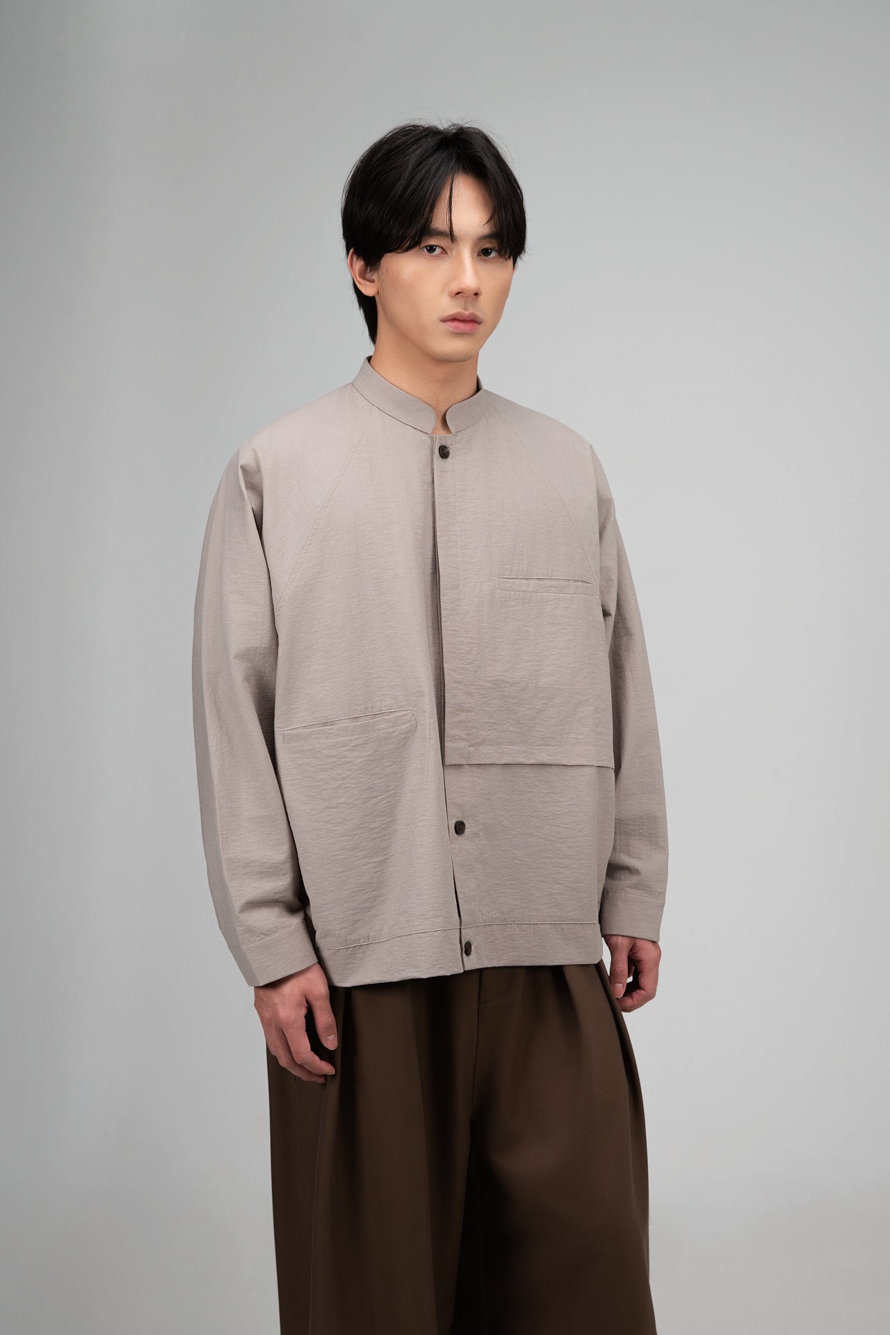 Gender Neutral Mandarin Collar Outer Blouse (Oat Grey) - BEV C multi label store