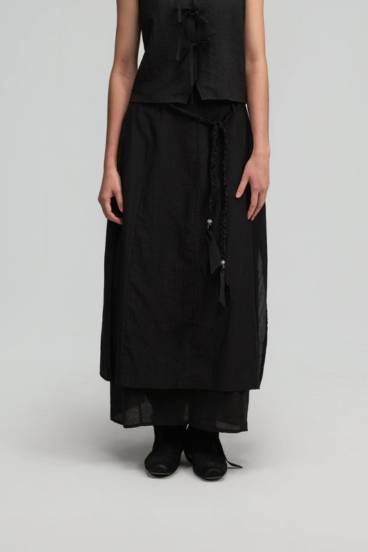 Dual-Layer Skirt w/ Braided Belt (Black) - BEV C multi label store