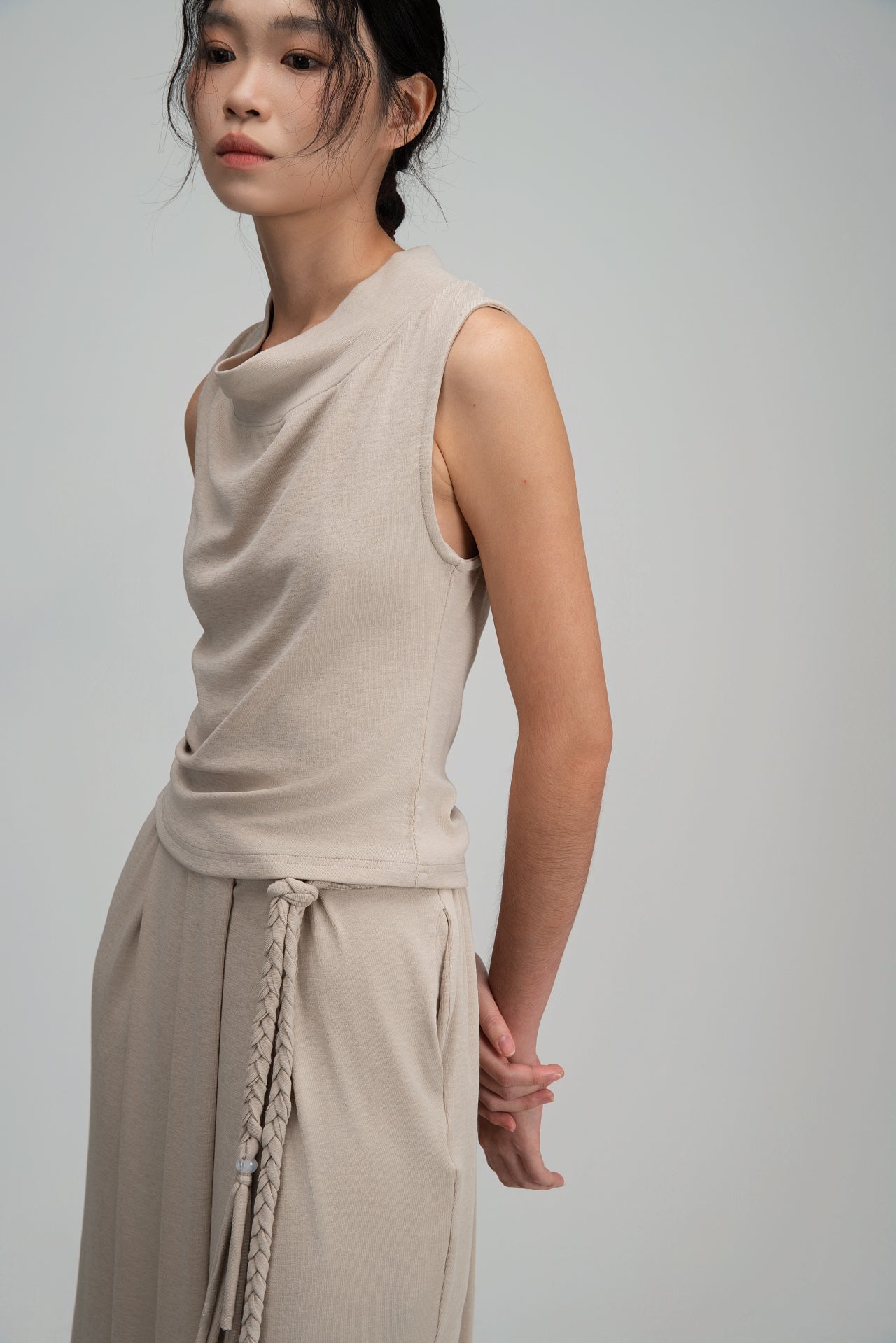 Snow Knit High Drape Neck Tank Top (Oat) - BEV C multi label store