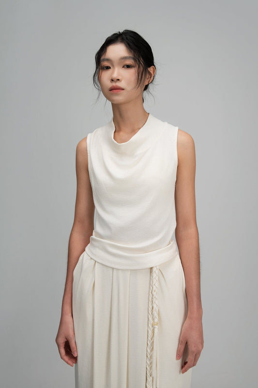Snow Knit High Drape Neck Tank Top (White)