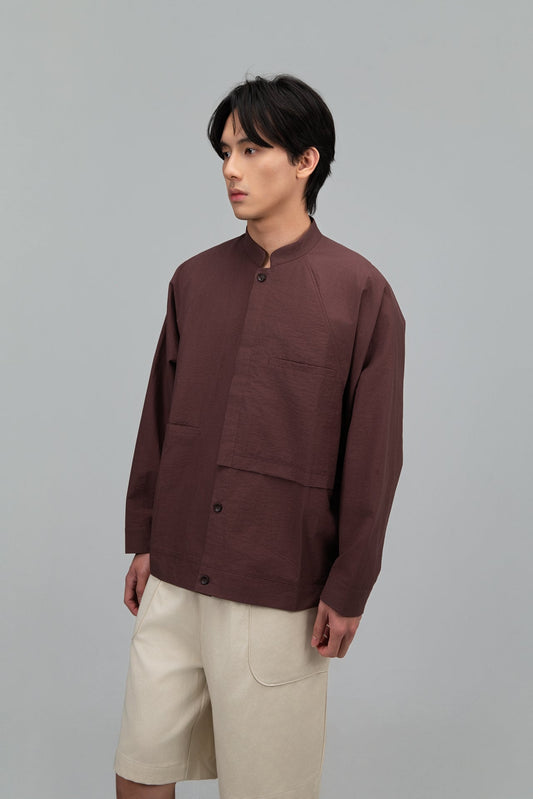 Gender Neutral Mandarin Collar Outer Blouse (Plum Brown) - BEV C multi label store