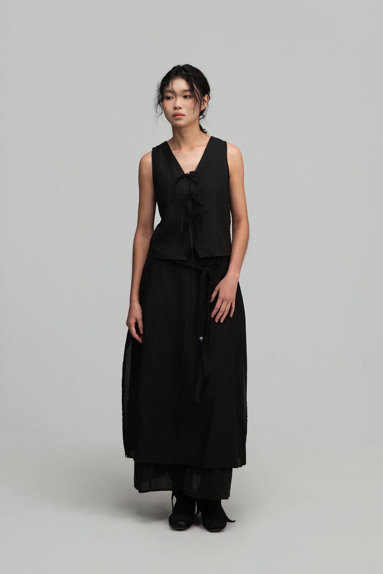Dual-Layer Skirt w/ Braided Belt (Black) - BEV C multi label store