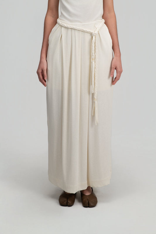 Snow Knit Pleated Cocoon Skirt w/ Braided Belt (White)