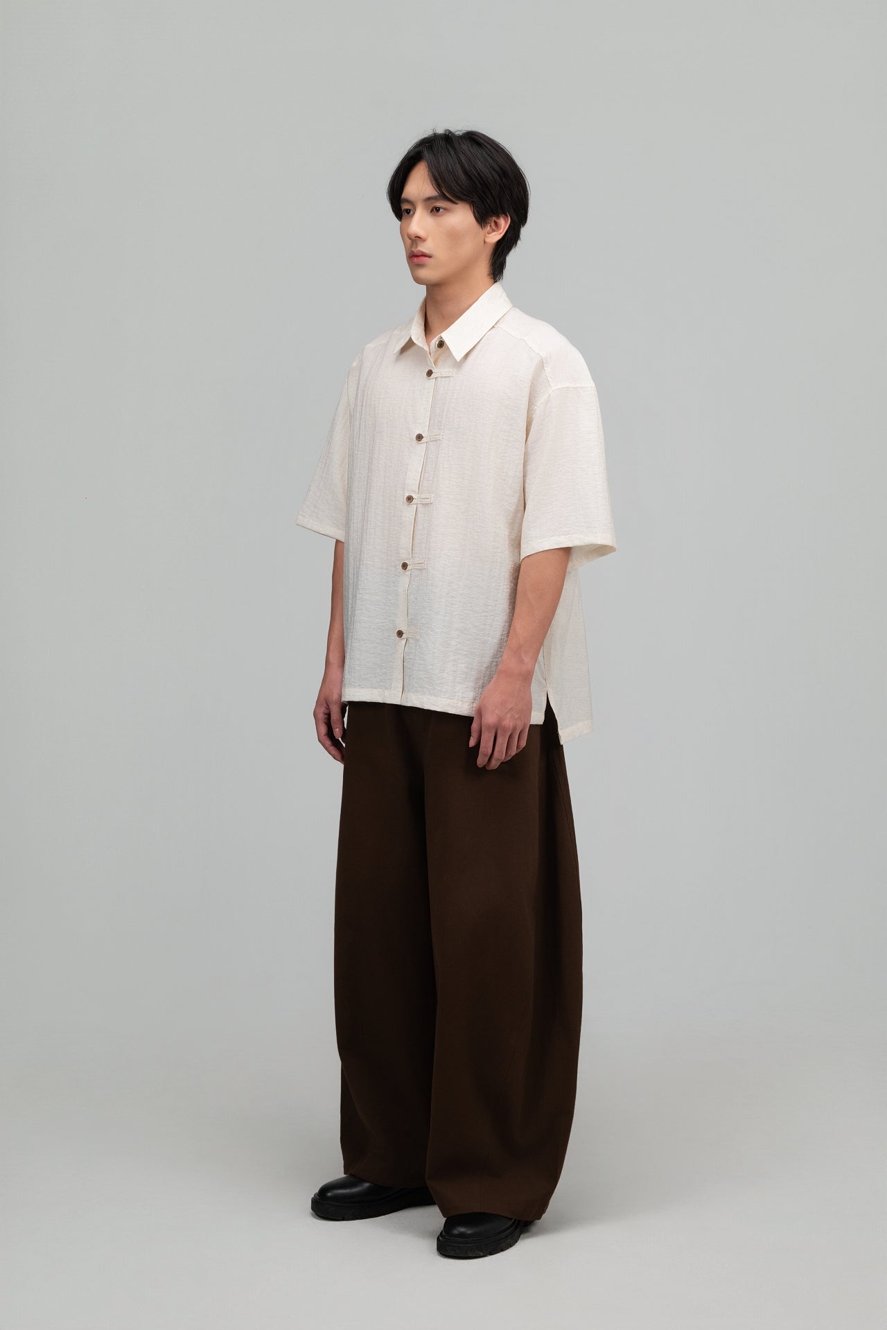 Gender Neutral Modern Mandarin Button Shirt (Beige) - BEV C multi label store