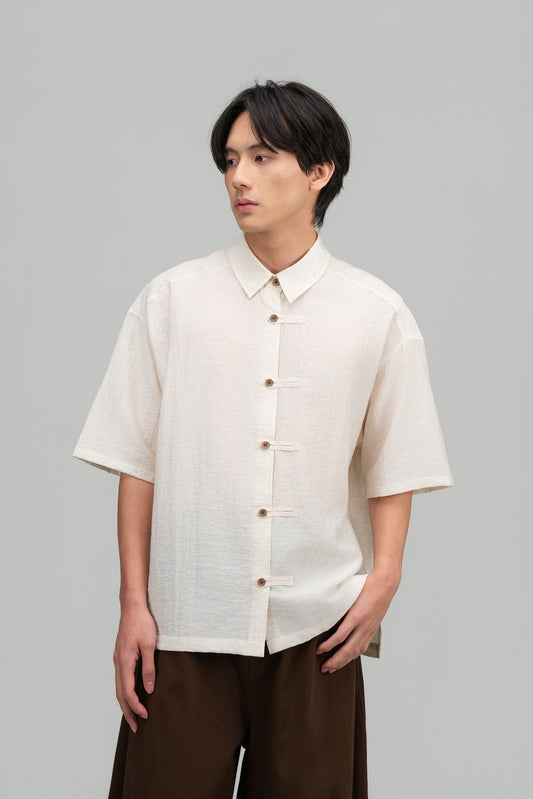 Gender Neutral Modern Mandarin Button Shirt (Beige) - BEV C multi label store