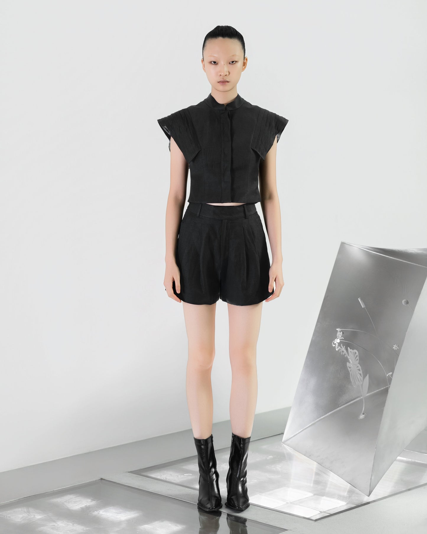 A-JANE LINNA Pleated Sleeves Crop Top - BLACK - BEV C multi label store