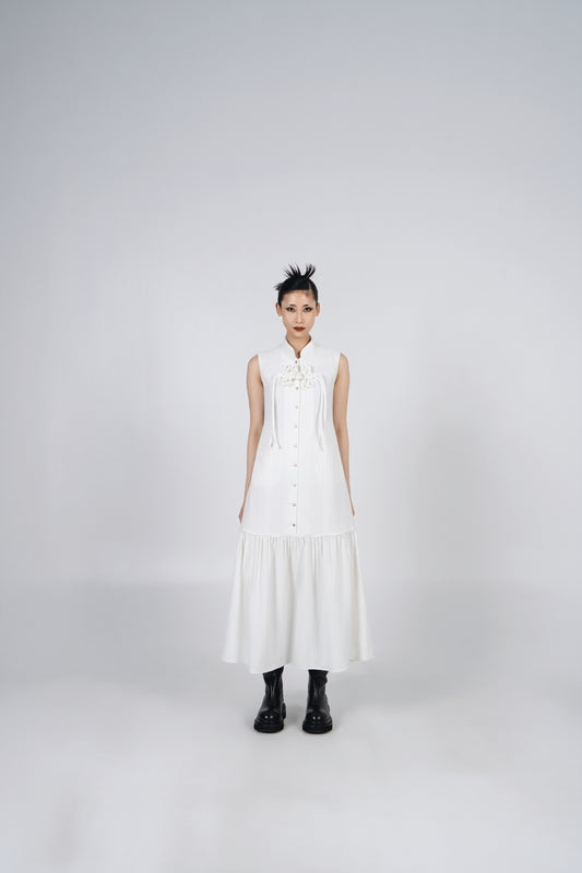 A-JANE CNY KERRLI MANDARIN COLLAR CHINESE KNOT SHIFT DRESS - WHITE