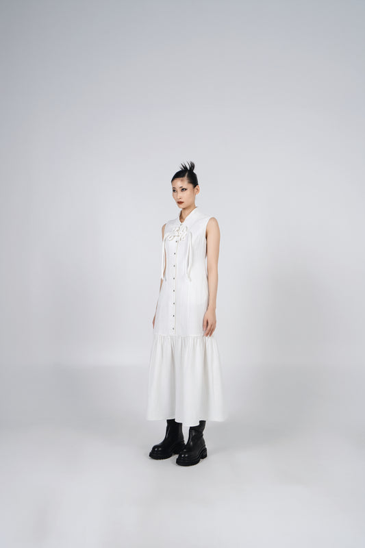 A-JANE CNY KERRLI MANDARIN COLLAR CHINESE KNOT SHIFT DRESS - WHITE