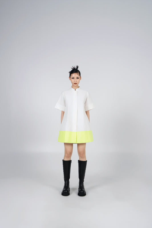 A-JANE CNY YUER MANDARIN COLLAR TWO TONE DRESS-White/Yellow