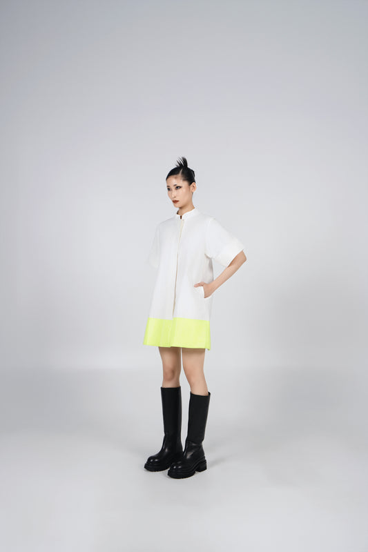 A-JANE CNY YUER MANDARIN COLLAR TWO TONE DRESS-White/Yellow