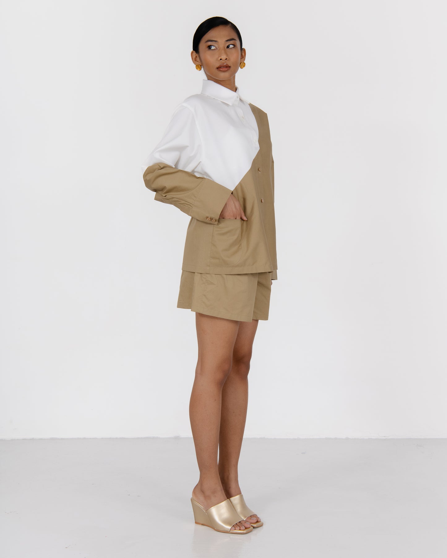 SF X NH Bicolour Long Sleeve Shirt - Khaki / White