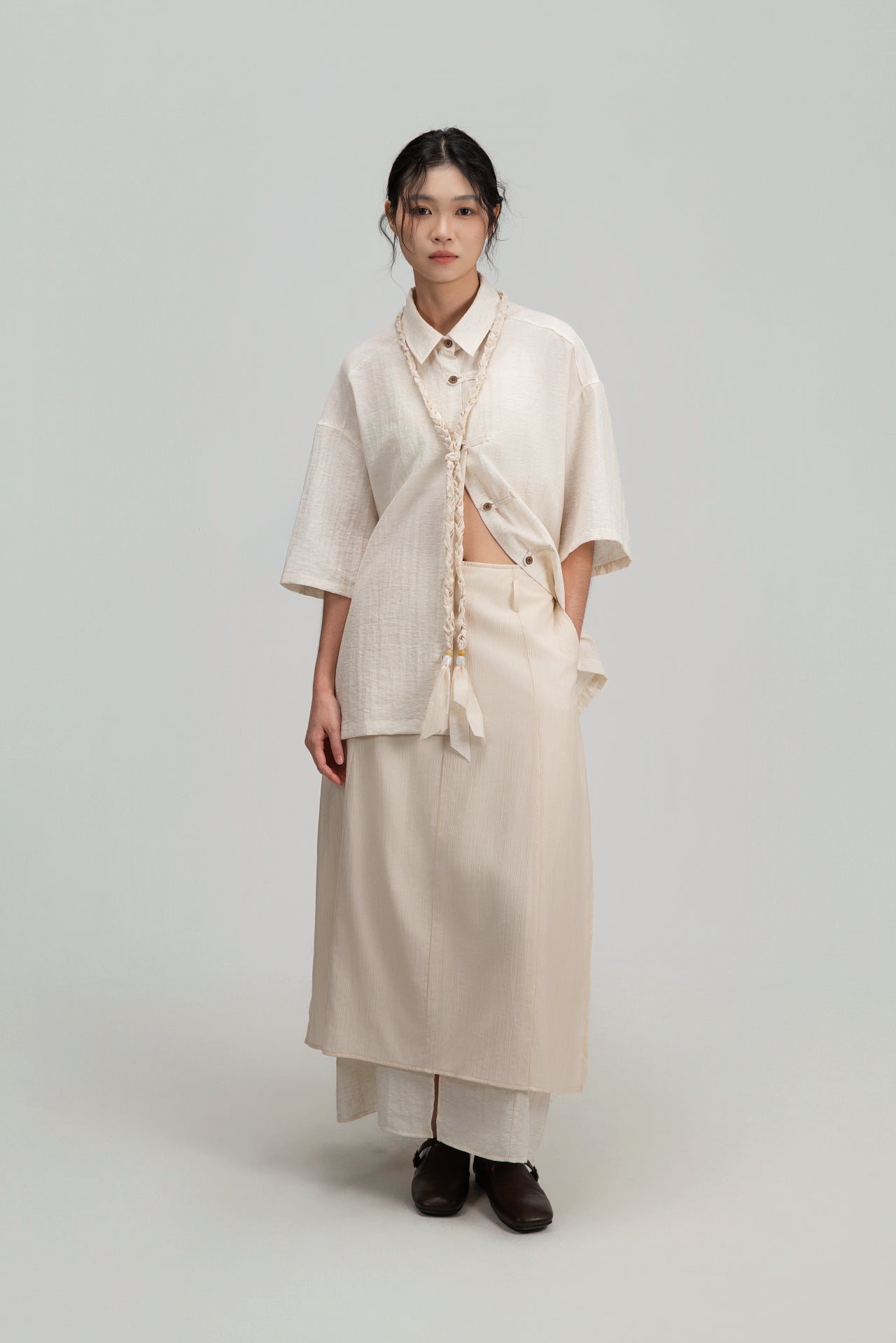 Gender Neutral Modern Mandarin Button Shirt (Beige) - BEV C multi label store