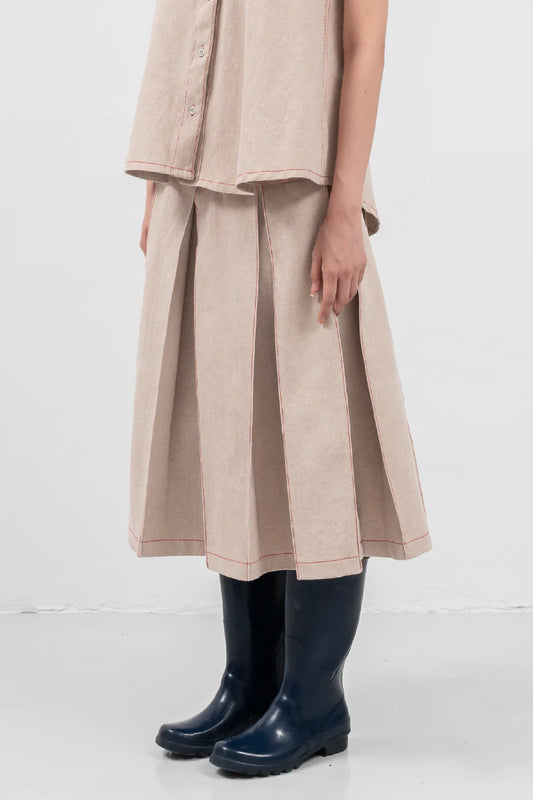 Pleated Denim Skirt - Beige