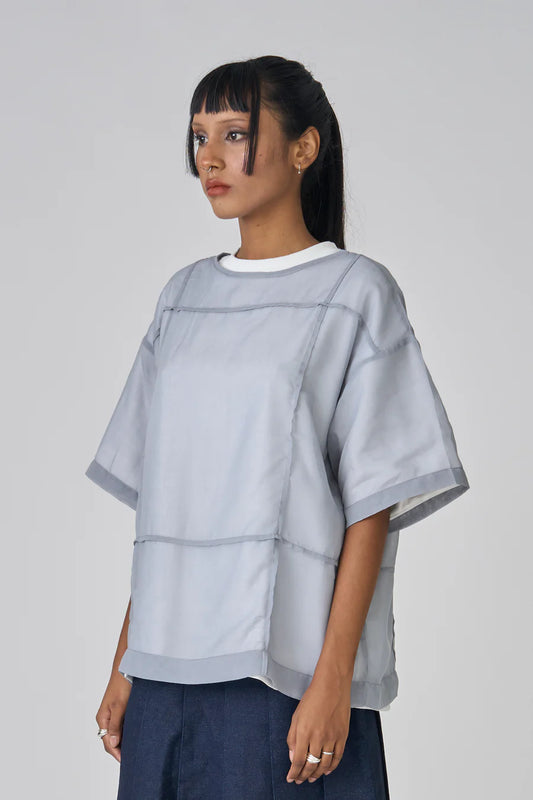 Layered Voile Tee - Dusty Blue / White