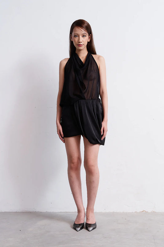 Mini Satin Curtain Skirt - Black
