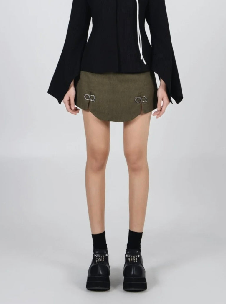 NOIZ N6SK1 ‘S’ BUCKLE DENIM MINI SKIRT MOSS GREEN