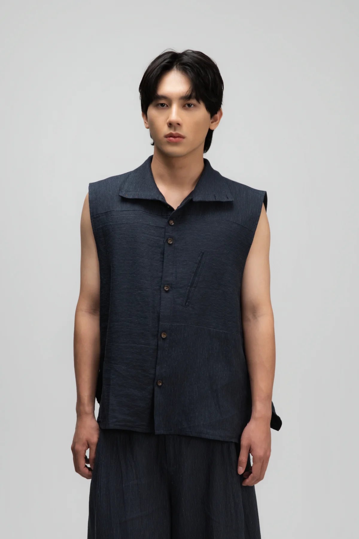 Gender Neutral Funnel Neck Vest (Navy Blue Stripe)