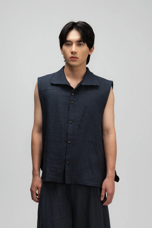 Gender Neutral Funnel Neck Vest (Navy Blue Stripe)