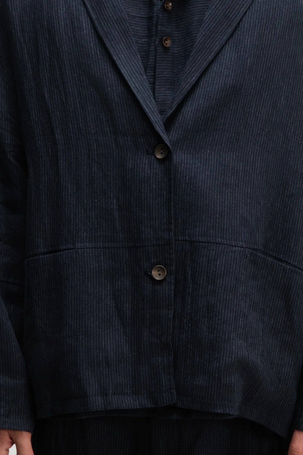 Gender Neutral Oversized Pleated Back Hem Blazer (Navy Blue Stripe)