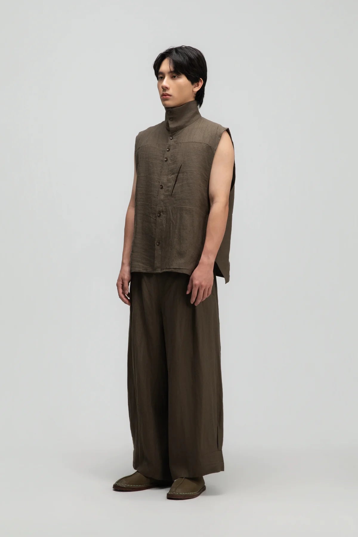 Gender Neutral Funnel Neck Vest (Olive Brown Stripe)