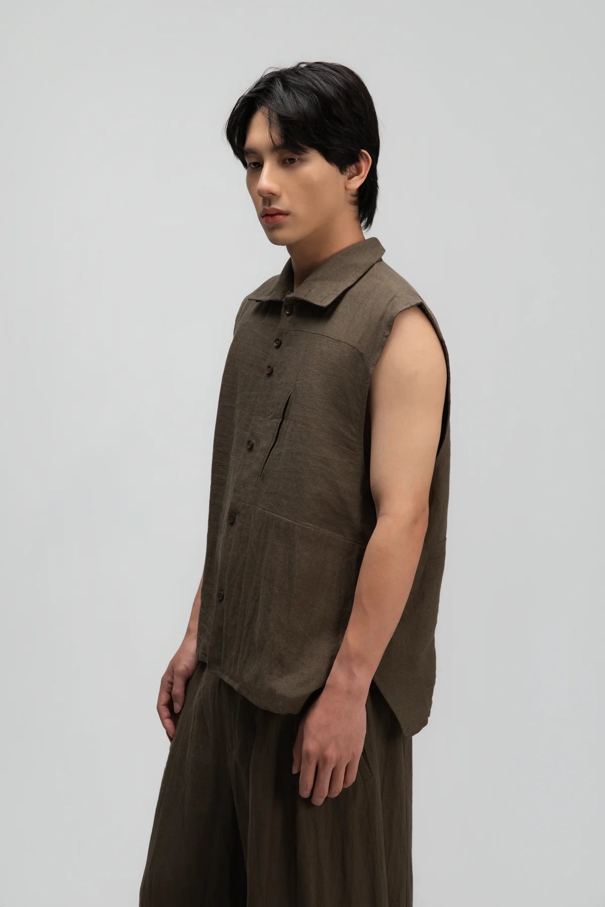 Gender Neutral Funnel Neck Vest (Olive Brown Stripe)