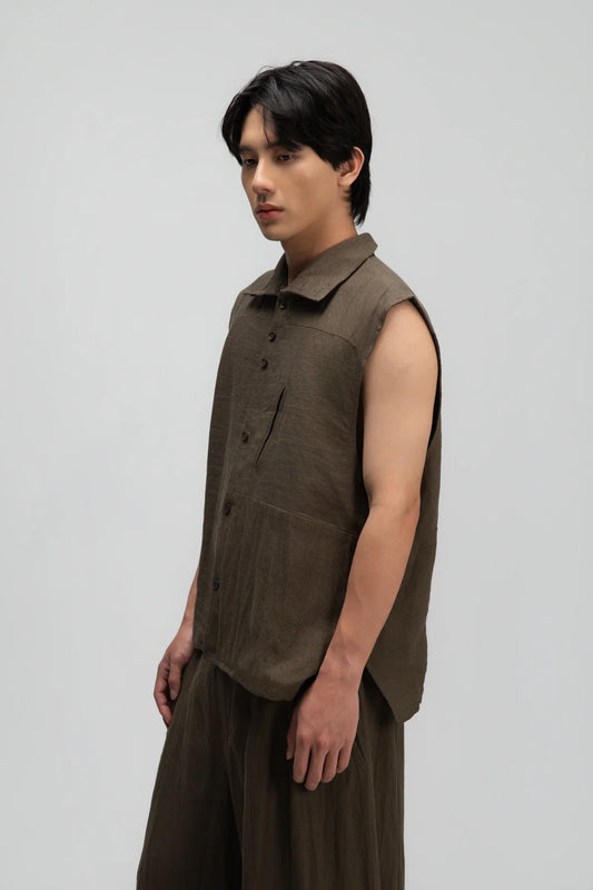 Gender Neutral Funnel Neck Vest (Olive Brown Stripe)