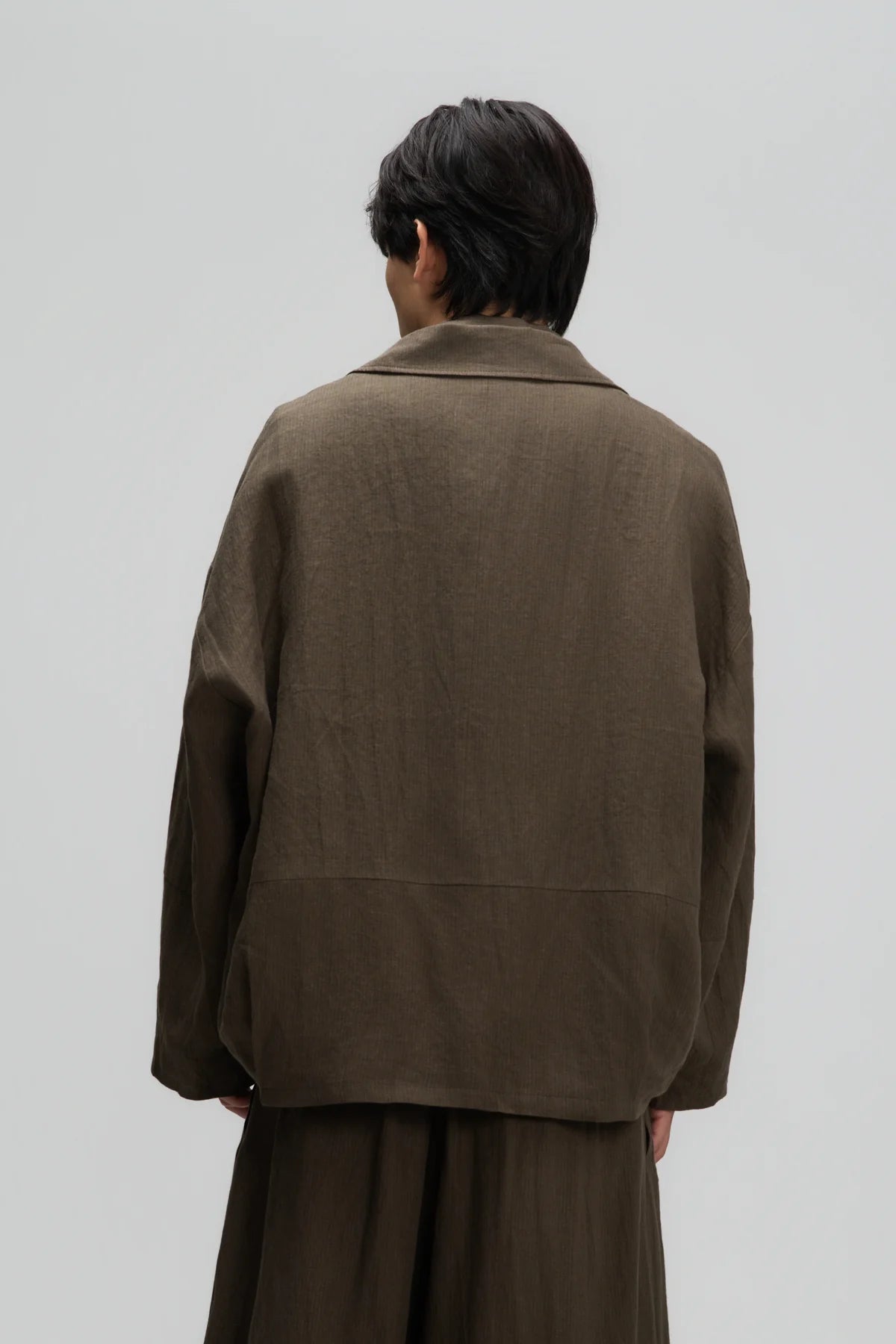 Gender Neutral Oversized Pleated Back Hem Blazer (Olive Brown Stripe)