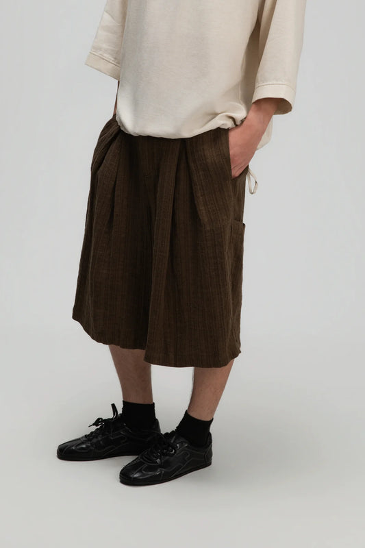 Gender Neutral Front Box Pleated Shorts (Brown)