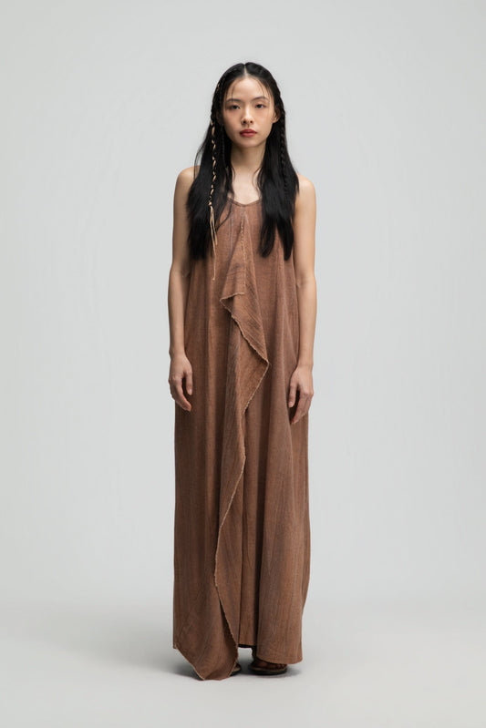 Front Drape Raw Hem Cami Dress (Tie Dye Rust)