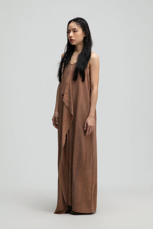 Front Drape Raw Hem Cami Dress (Tie Dye Rust)